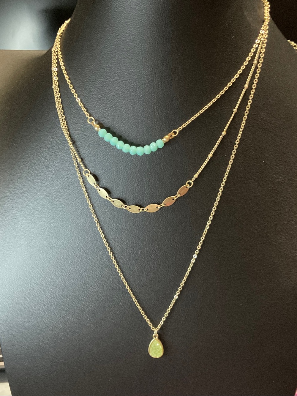 Gold-Tone Layered Necklace with Mint Green Bead Accent